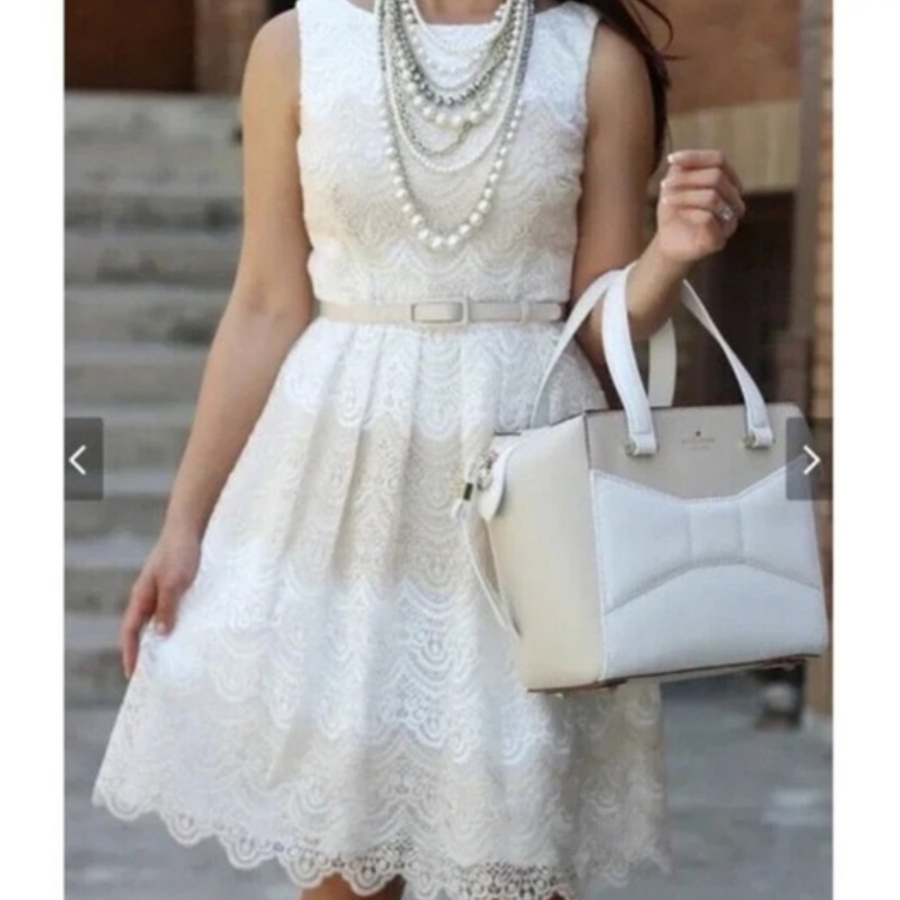 White House Black Market Lace Fit and Flare Dress‎ Cream Champagne Tan Size 14